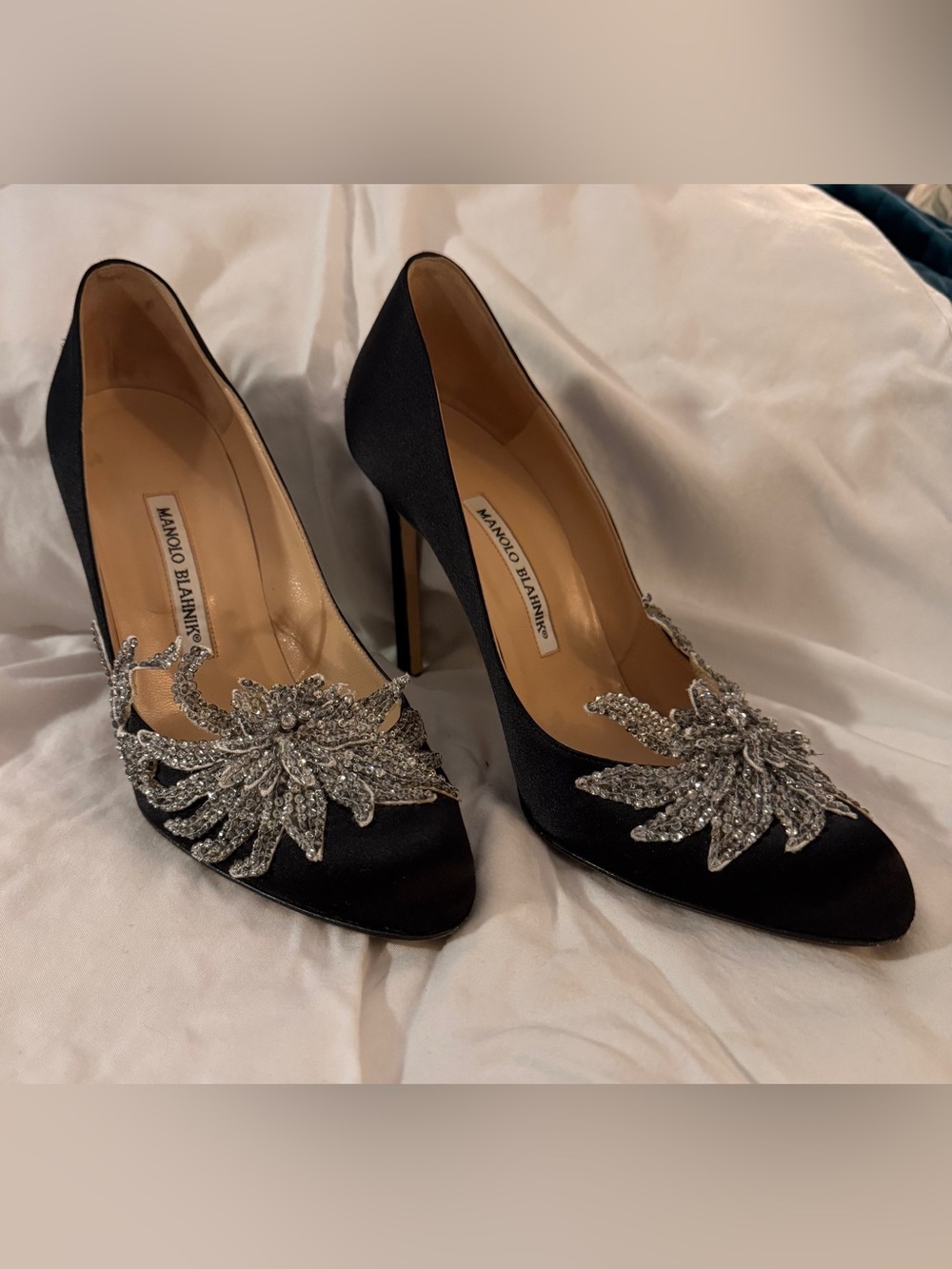 Manolo Blahnik “Swan” Satin Crystal-Embellished Pointed Pumps